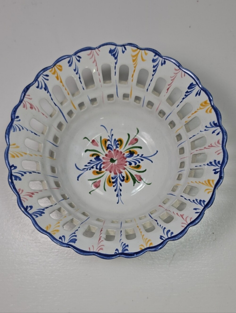 Vintage Portugal RCCL Hand Painted Floral Reticulated Lattice Ceramic Bowl